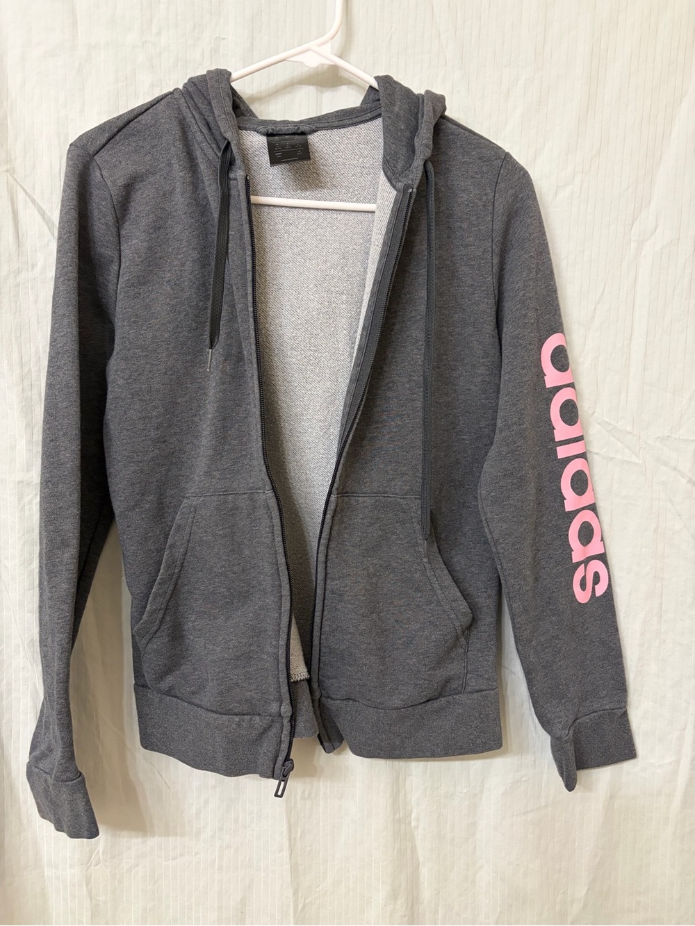 adidas Dark Gray Zip-Up Hooded Jacket with Pink Sleeve Logo